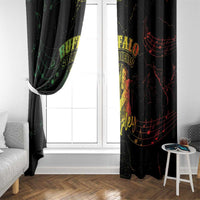 Black window curtain with Buffalo Soldier print and red/green music-note lines, pulled to the side