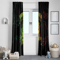 Black window curtain pair with Buffalo Soldier theme, neon green and red music-note curves