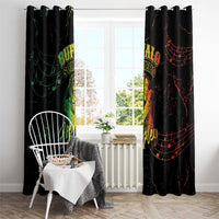Black Buffalo Soldier curtains with colorful music-note graphics, displayed on a window rod