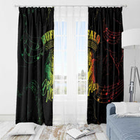 Black Buffalo Soldier curtain panels with colorful music notes, hanging around a bright window