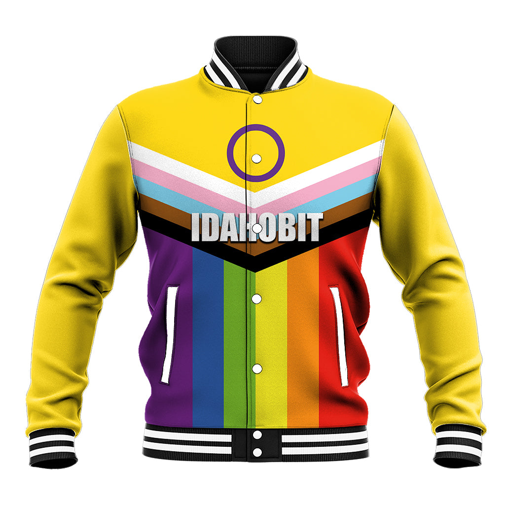 Unisex yellow baseball jacket with multicolor stripe graphic, ribbed collar and snap front