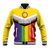 Unisex yellow baseball jacket with multicolor stripe graphic, ribbed collar and snap front