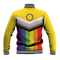 Unisex yellow baseball jacket back with circular emblem, multicolor stripe graphic, ribbed cuffs