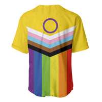 Yellow back baseball jersey with circular emblem and multicolor chevron stripe pattern