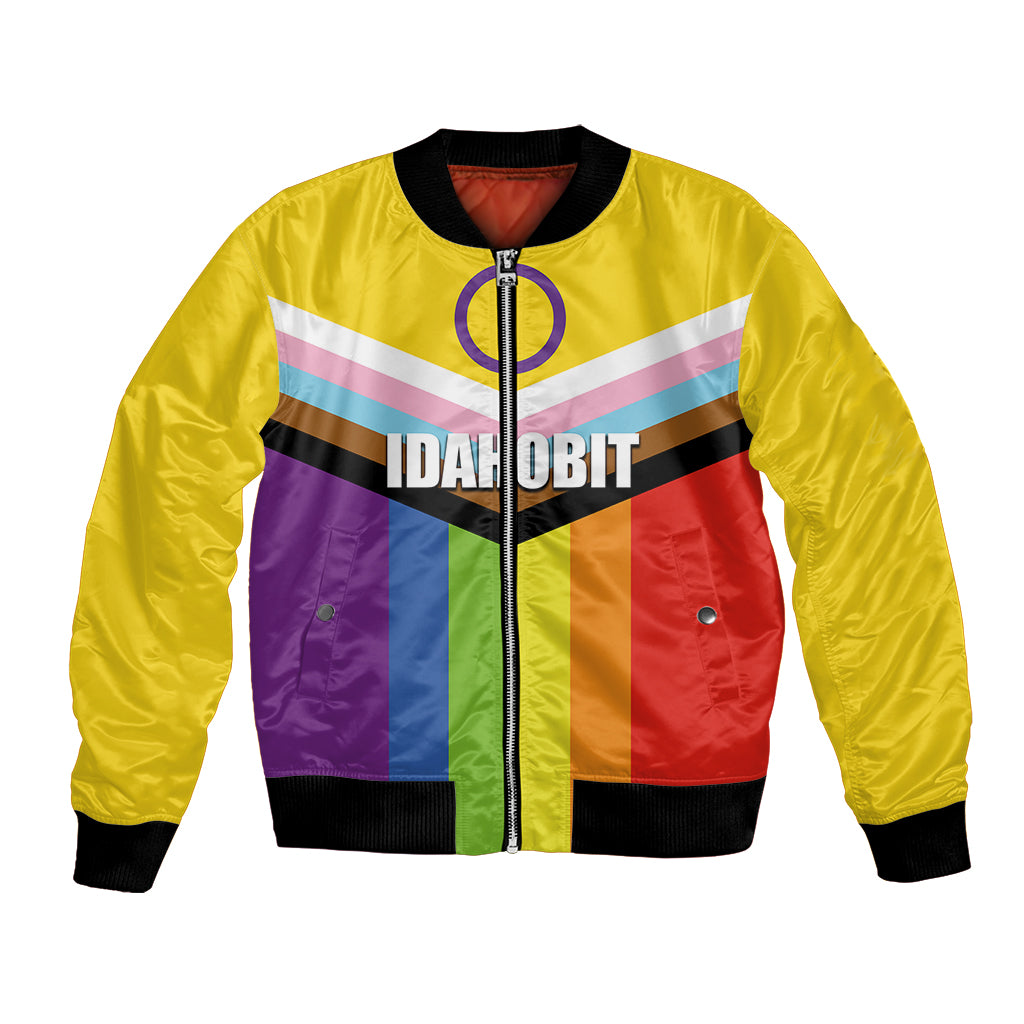 IDAHOBIT unisex bomber jacket, yellow with multicolor panel graphic and front zip