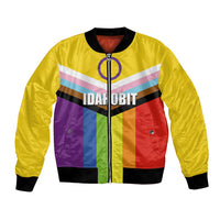 IDAHOBIT unisex bomber jacket, yellow with multicolor panel graphic and front zip