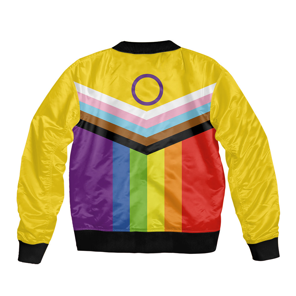 Unisex bomber jacket, yellow with bold multicolor back panel and striped emblem