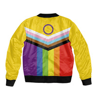 Unisex bomber jacket, yellow with bold multicolor back panel and striped emblem