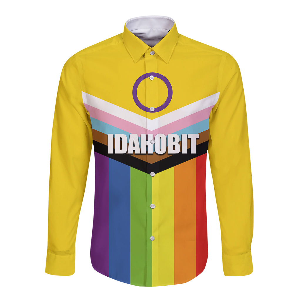Yellow long-sleeve button shirt with front graphic and vertical multicolor stripe panel