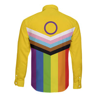 Yellow long-sleeve button shirt with back chevron logo and vertical multicolor stripe panel