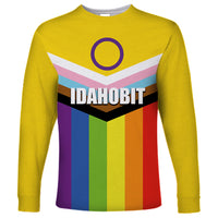 Yellow long-sleeve T-shirt with colorful striped chevron graphic and IDAHOBIT logo