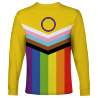 Yellow long-sleeve T-shirt with colorful striped chevron graphic and circular emblem