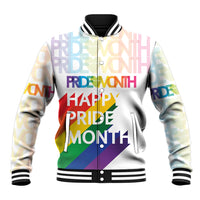 Unisex baseball jacket with rainbow Pride graphic and striped black rib trim at cuffs
