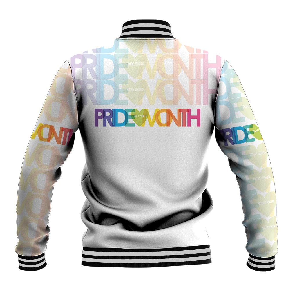 Unisex baseball jacket back view with Pride text and rainbow gradient on white