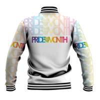 Unisex baseball jacket back view with Pride text and rainbow gradient on white