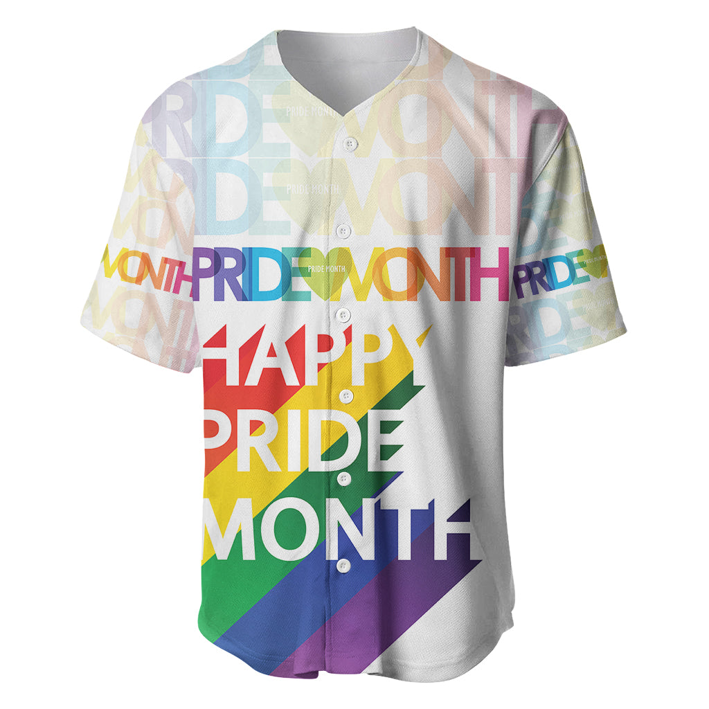 White baseball jersey with V-neck, button placket, and bold rainbow Pride Month front print