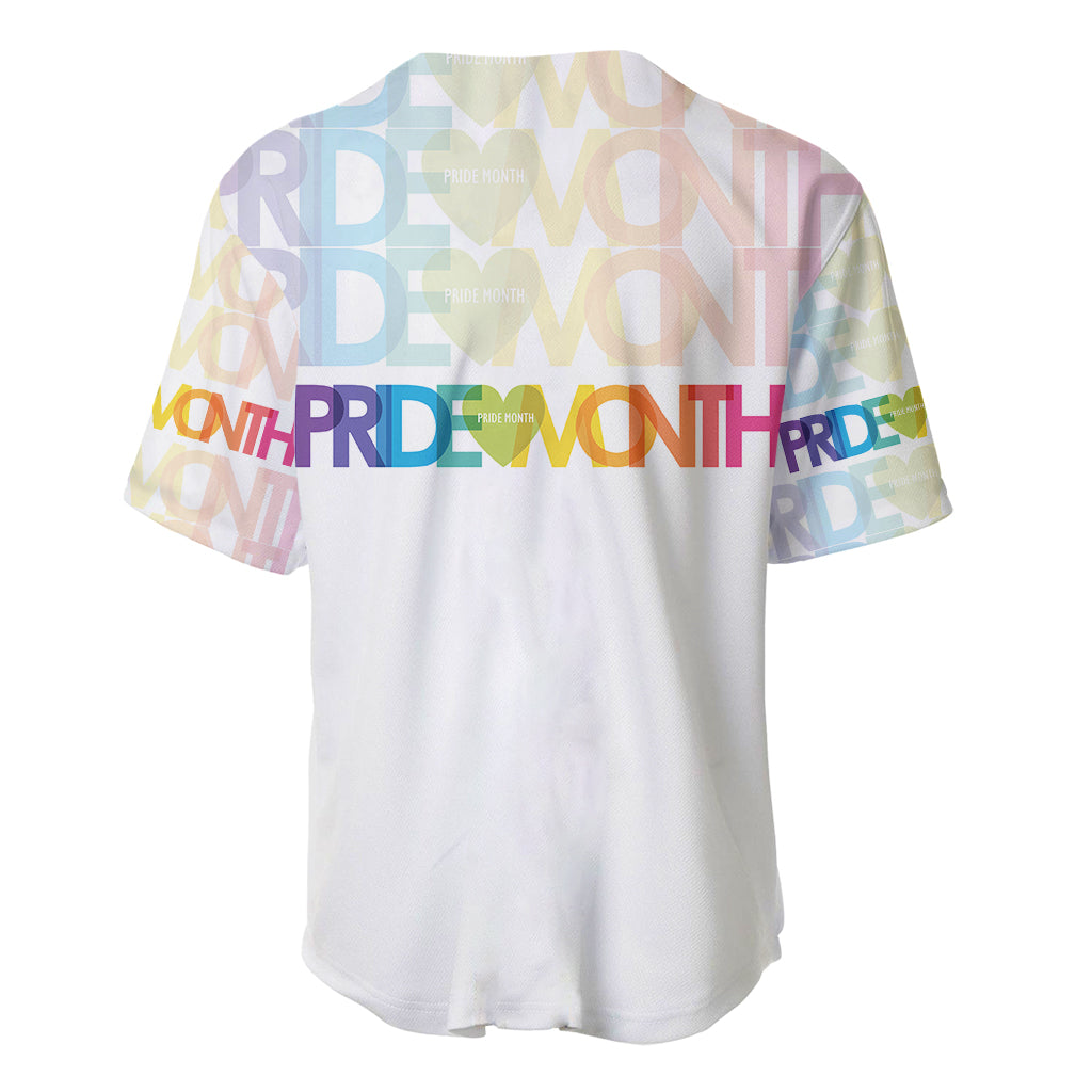 White baseball jersey back with repeating PRD letters and Pride striping graphic
