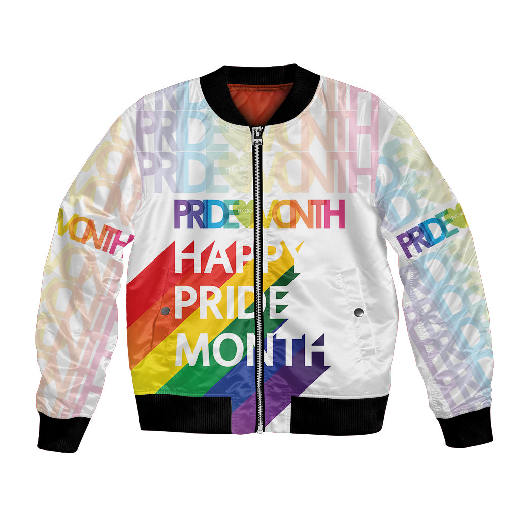 Unisex white bomber jacket with black ribbed cuffs and colorful Pride graphic front