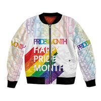 Unisex white bomber jacket with black ribbed cuffs and colorful Pride graphic front