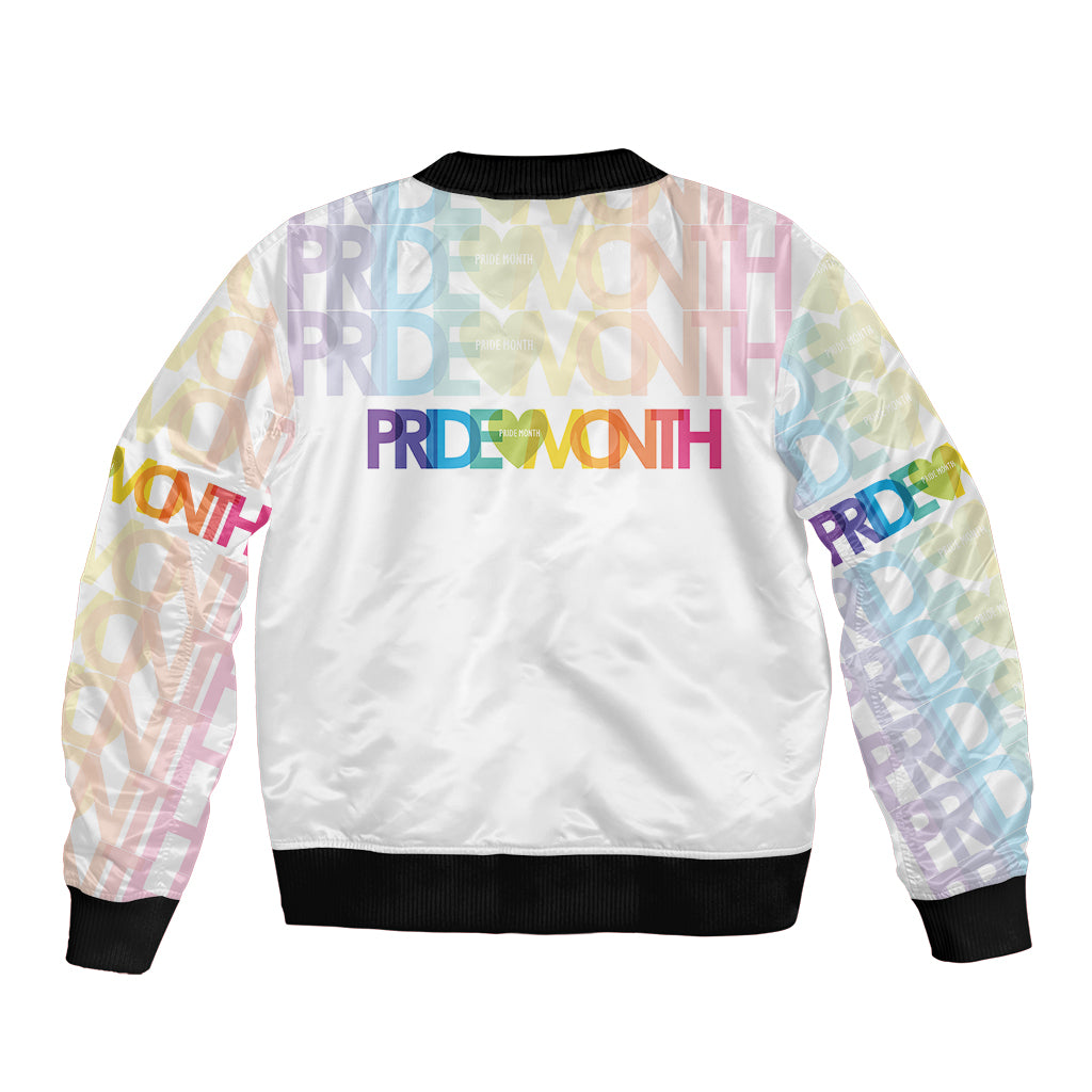 Unisex white bomber jacket with black hem ribbing and multicolor Pride text back print