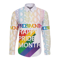 White long-sleeve button shirt with large multicolor Pride Month graphic front