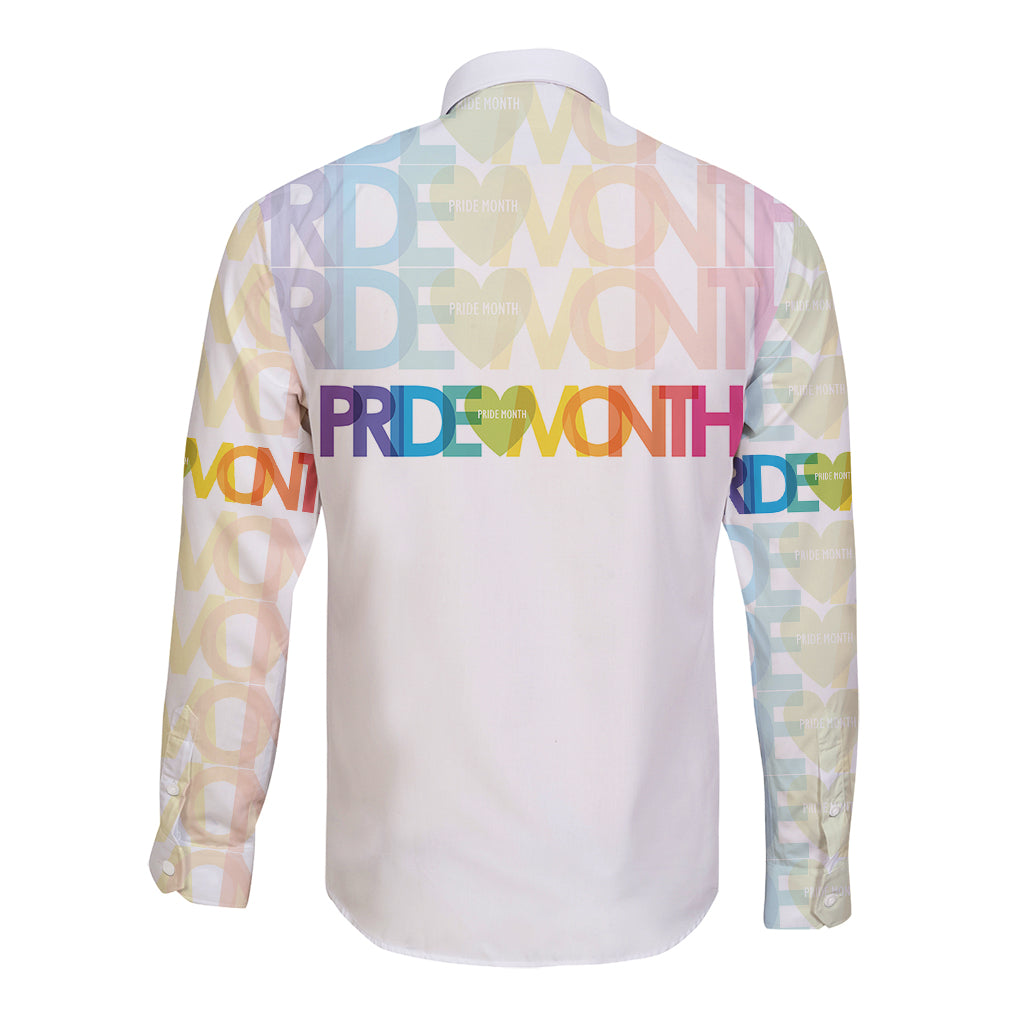 White long-sleeve button shirt with multicolor Pride Month graphic on back