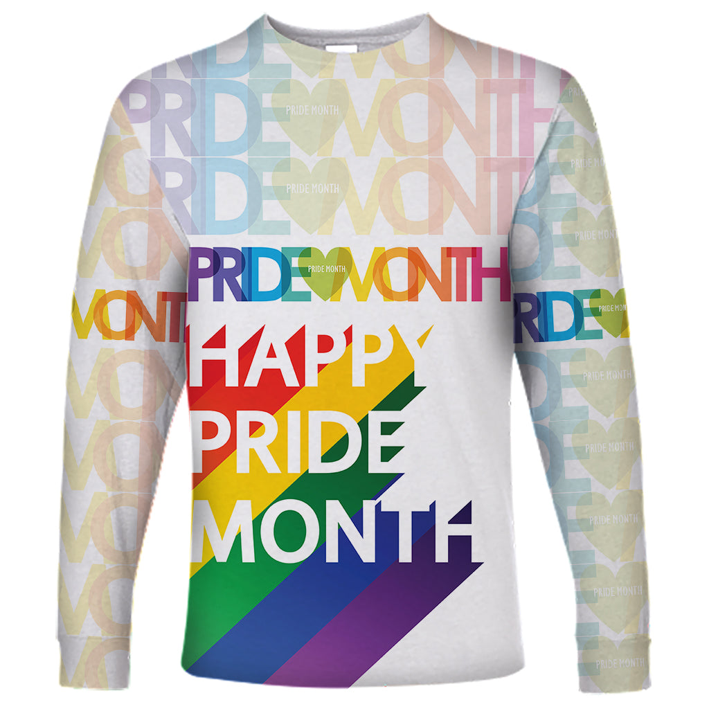 White long-sleeve shirt with colorful Pride graphic text on the front