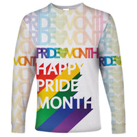 White long-sleeve shirt with colorful Pride graphic text on the front