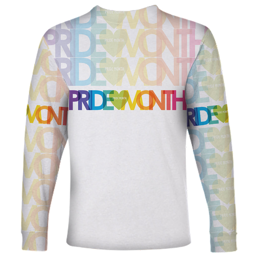 White long-sleeve shirt back with faint colorful Pride letter pattern