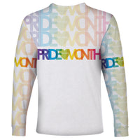 White long-sleeve shirt back with faint colorful Pride letter pattern
