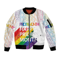 White unisex bomber jacket with full-zip front and colorful Pride graphic print