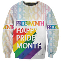 White unisex sweatshirt with Pride Month rainbow graphic and colorful PRD lettering