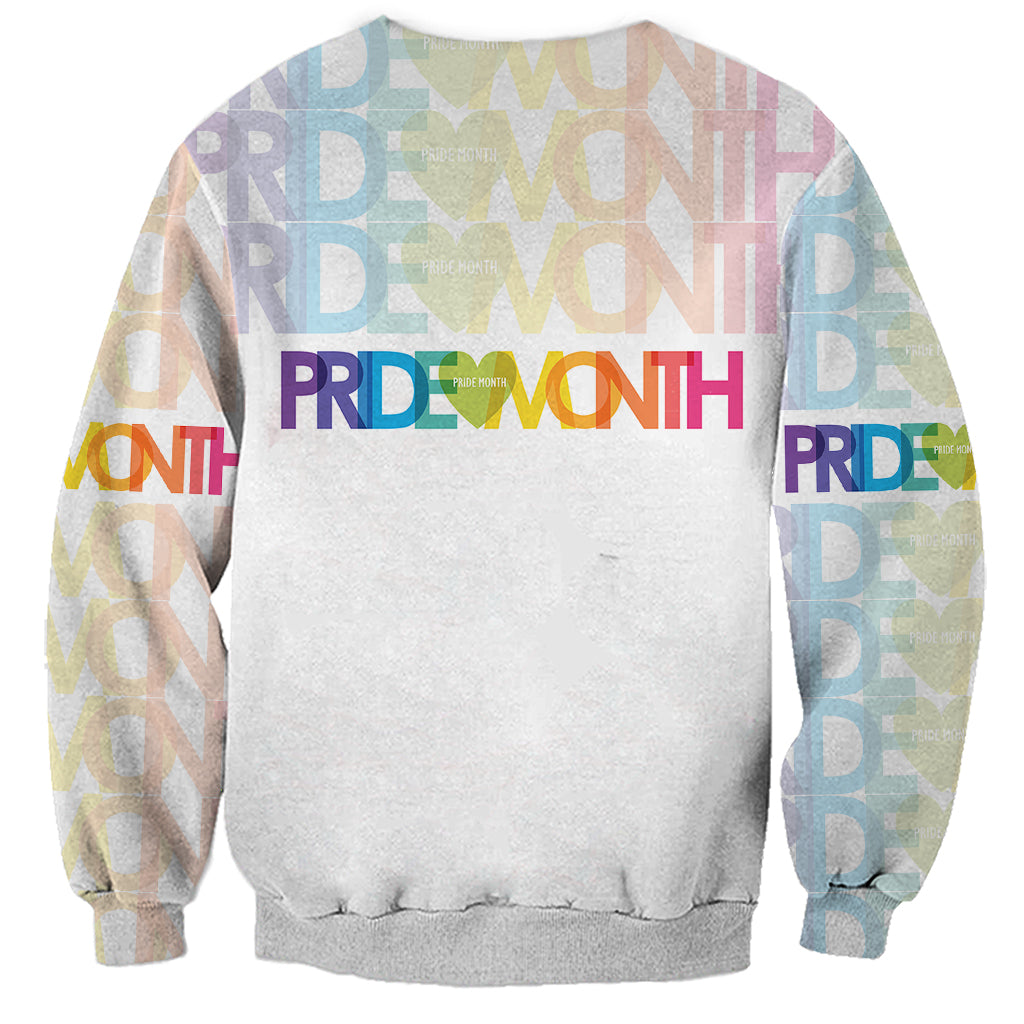 White unisex sweatshirt with small Pride Month PRD lettering near neckline