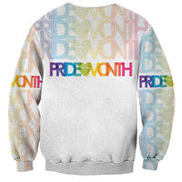 White unisex sweatshirt with small Pride Month PRD lettering near neckline