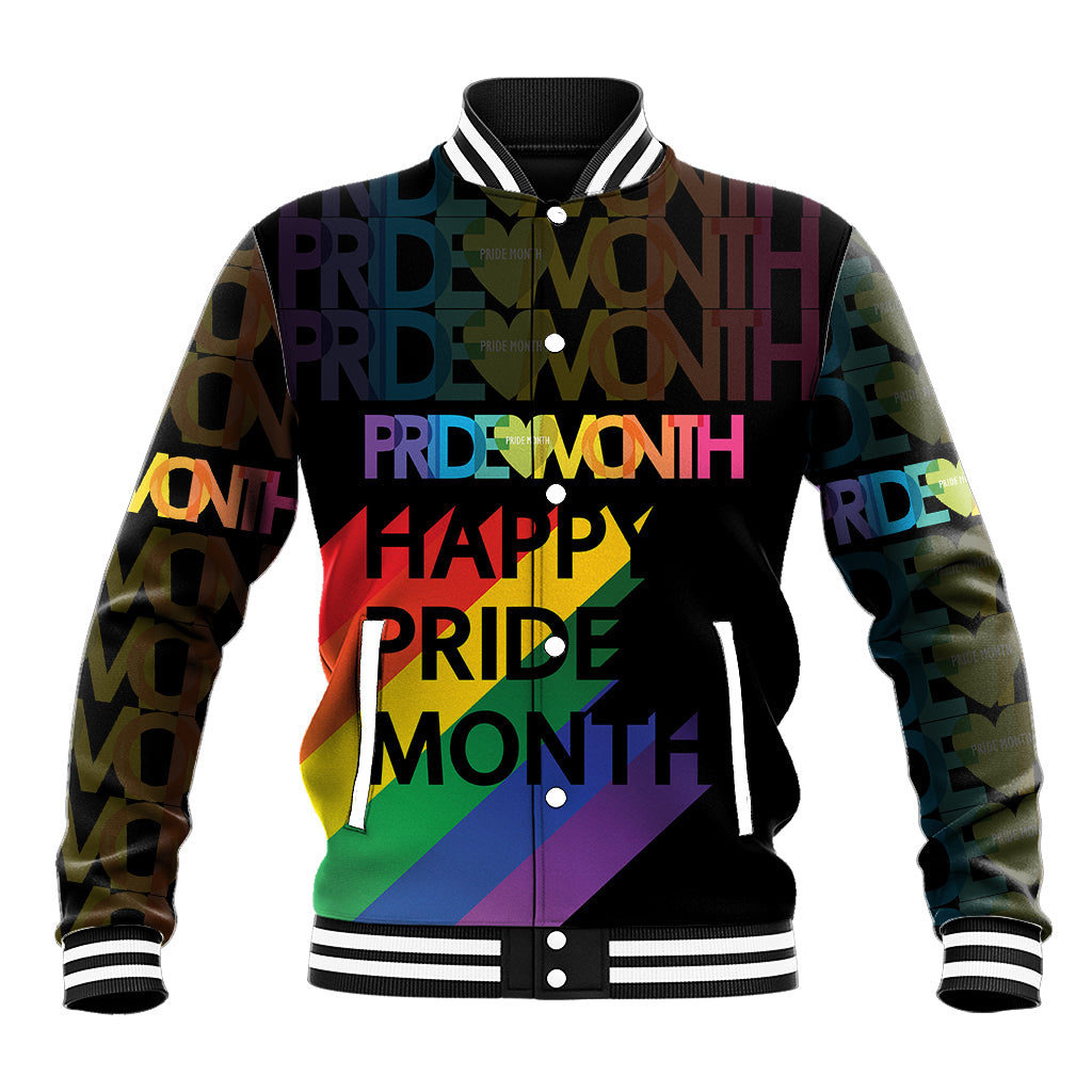 Black unisex baseball jacket with multicolor pride graphic, snap front, ribbed collar