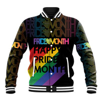 Black unisex baseball jacket with multicolor pride graphic, snap front, ribbed collar