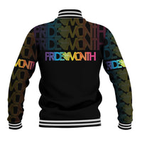 Black unisex baseball jacket back with multicolor pride lettering, ribbed collar and cuffs
