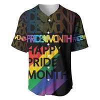 Black baseball jersey with colorful Pride Month graphic and “Happy Pride” text