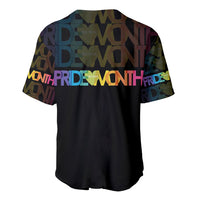 Black baseball jersey back with repeating Pride Month lettering across the shoulders