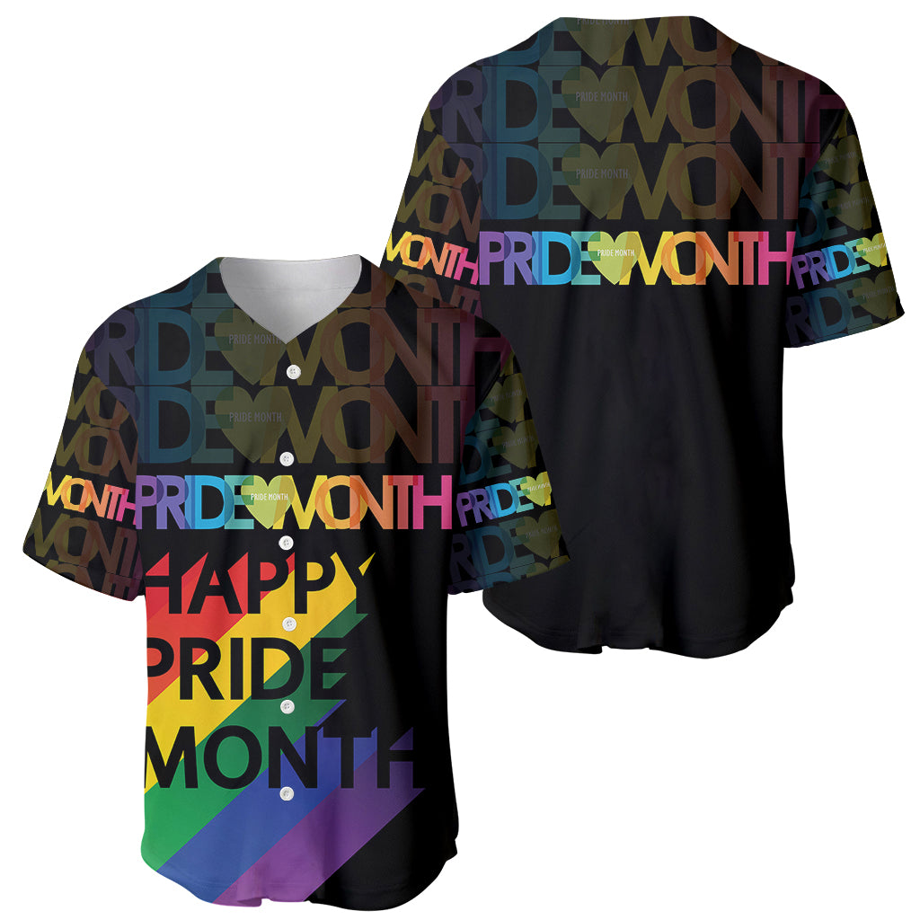 Black baseball jersey with colorful Pride Month typography, shown front and back