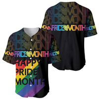 Black baseball jersey with colorful Pride Month typography, shown front and back