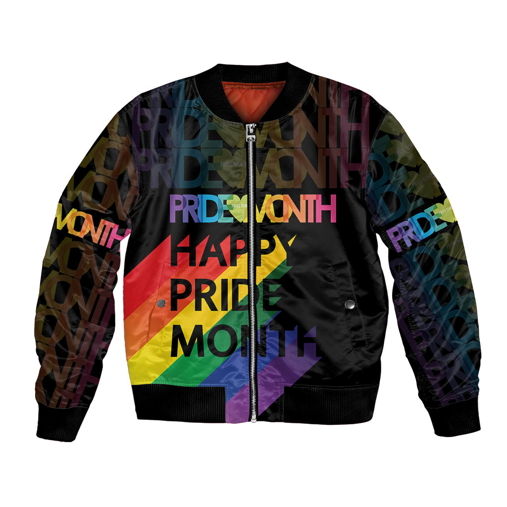 Black unisex bomber jacket with Pride Month multicolor graphic and front zipper