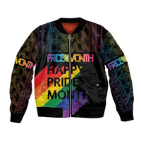 Black unisex bomber jacket with Pride Month multicolor graphic and front zipper