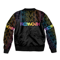 Black unisex bomber jacket back with Pride Month multicolor text graphic