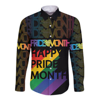Black long-sleeve button shirt with colorful Pride Month text graphic