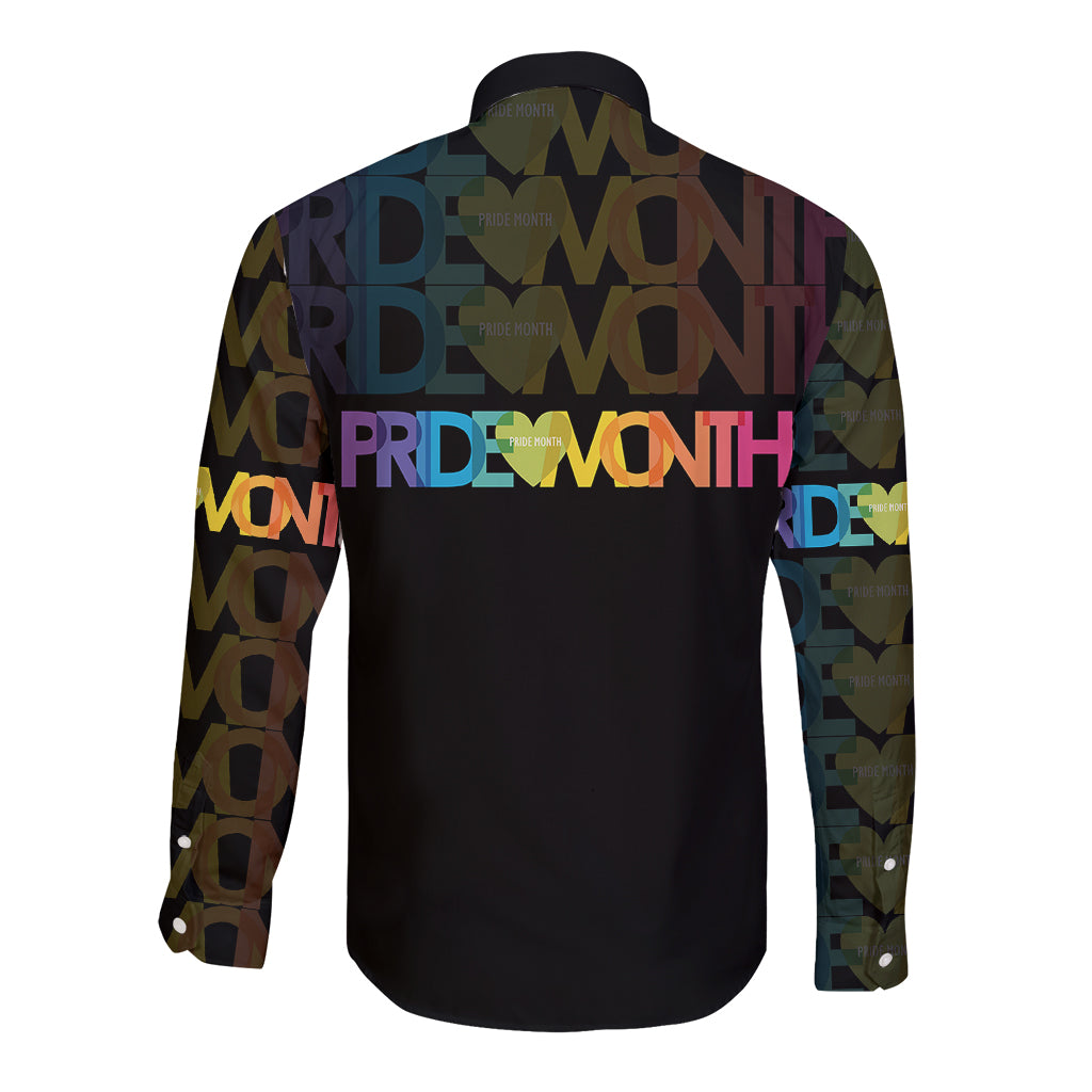 Black long-sleeve button shirt with multicolor Pride Month text on back