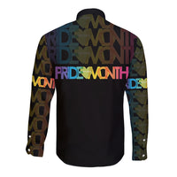 Black long-sleeve button shirt with multicolor Pride Month text on back