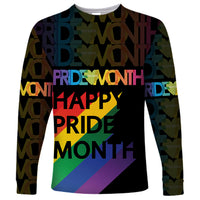 Black long-sleeve Pride Month shirt with multicolor “Happy Pride Month” graphic
