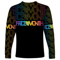 Black long-sleeve Pride Month shirt with centered Pride typography and patterned sleeves