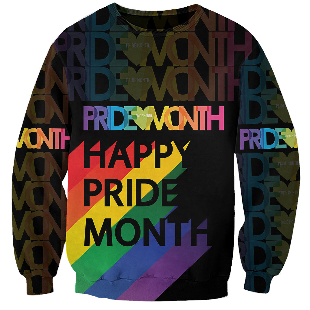 Unisex black sweatshirt with Pride Month rainbow text and multi-color sleeve graphics